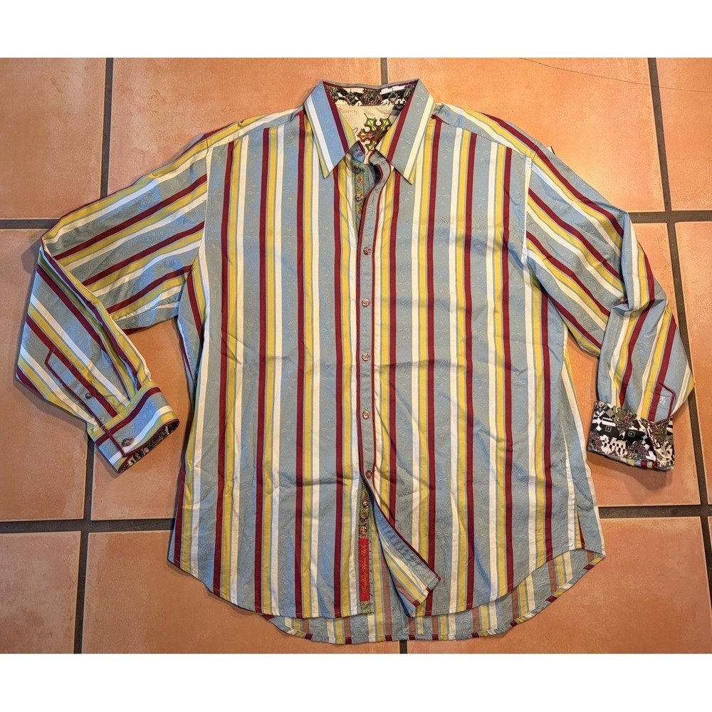Robert Graham Shirt Mens 2XL Stripe Floral Flip Cuff Blue Button Up Long Sleeve
